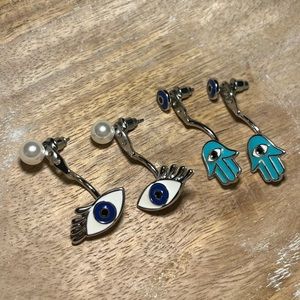Hamsa & Evil Eye Silver Tone Jacket Earrings